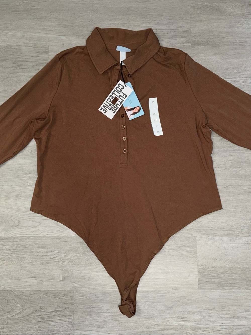 Collared Long-Sleeve Brown Ribbed Bodysuit